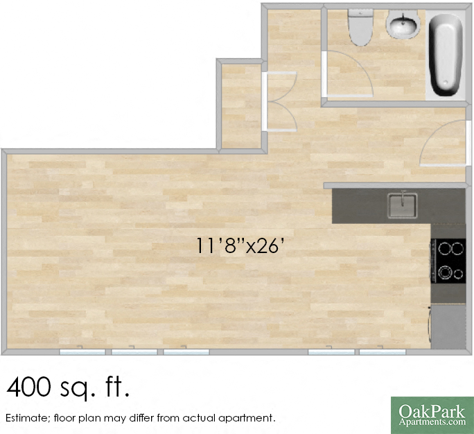 Floor plan for studio, 1 bath, 400 sqft